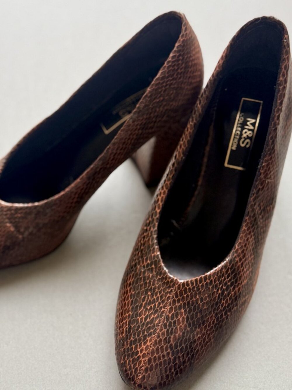 M&S Collection Brown Snake Print Pointed Toe Block Heel Pumps UK 4 US 6.5